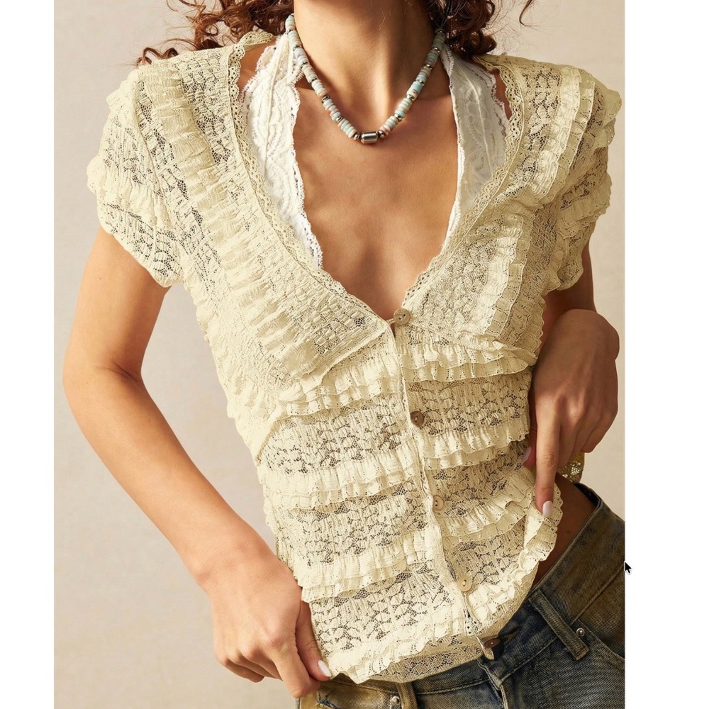 Boho V neck Semi Sheer Button down Short Sleeve Top